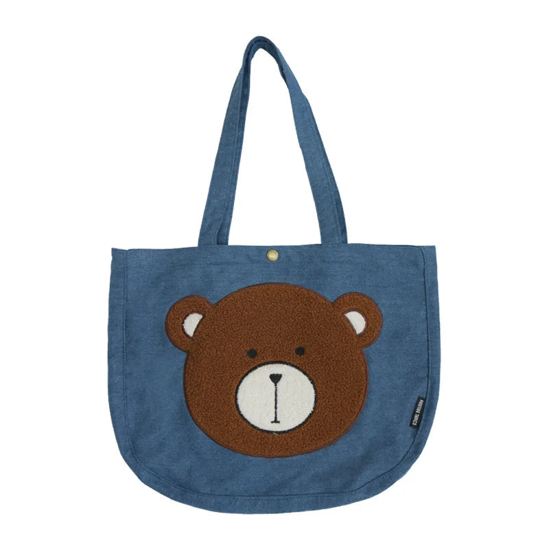 Women's Embroidered Bear Denim Shoulder Bag Large Capacity Casual Handbags
