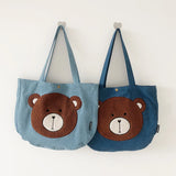 Women's Embroidered Bear Denim Shoulder Bag Large Capacity Casual Handbags