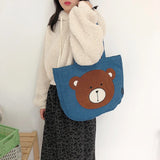 Women's Embroidered Bear Denim Shoulder Bag Large Capacity Casual Handbags