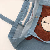 Women's Embroidered Bear Denim Shoulder Bag Large Capacity Casual Handbags