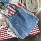 Large Denim Shoulder Bag Women Casual Travel Zipper Handbag Tote