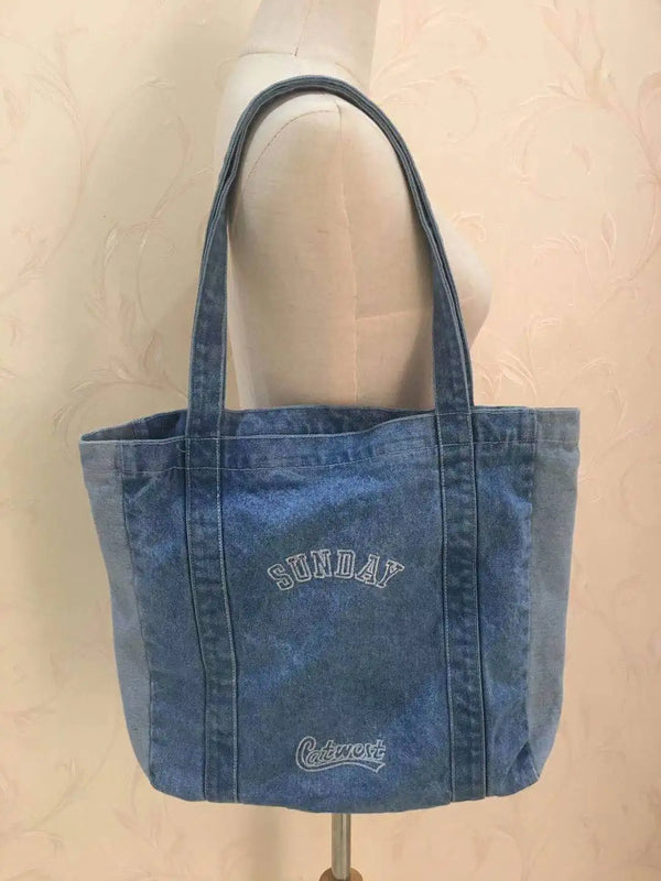 Large Denim Shoulder Bag Women Casual Travel Zipper Handbag Tote