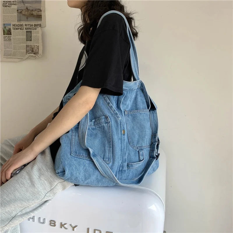Denim Crossbody Shoulder Bag for Women Large Shopping Bag