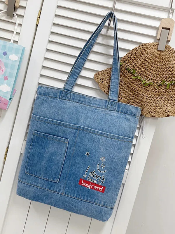 Denim Shoulder Bag for Women Casual Tote Soft Large Capacity Ladies Shopper