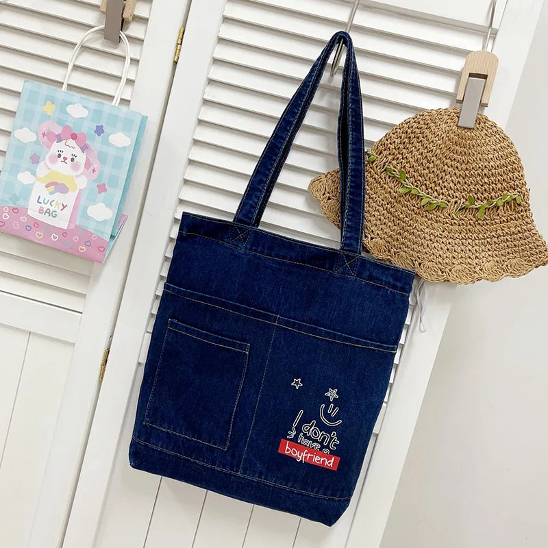 Denim Shoulder Bag Student Class Canvas Handbag Large Capacity