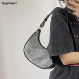 Denim Shoulder Bags Women Underarm Half Moon Streetwear Handbag