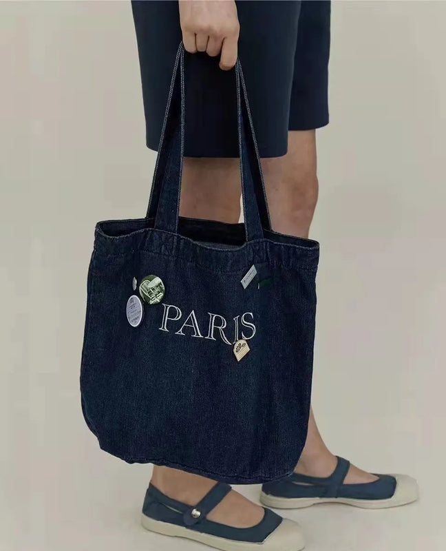 Denim Shoulder Tote Letters Handbag Large Compartment Soft Casual Satchel Bag