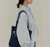 Denim Shoulder Tote Letters Handbag Large Compartment Soft Casual Satchel Bag
