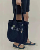 Denim Shoulder Tote Letters Handbag Large Compartment Soft Casual Satchel Bag