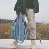 Denim Slouch Bag Casual Handbag Japanese Messenger Top-Handle Bag, Sky