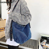 Denim Tote Bag Broken Flower Strap Jean Bag Girl Casual Handbags