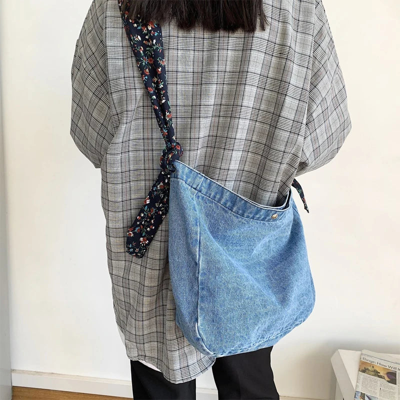 Denim Tote Bag Broken Flower Strap Jean Bag Girl Casual Handbags
