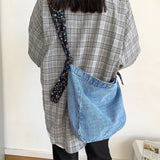 Denim Tote Bag Broken Flower Strap Jean Bag Girl Casual Handbags