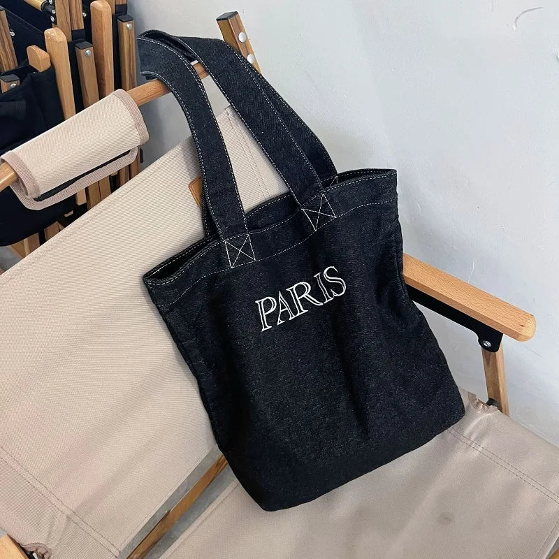Denim Tote Bag Women Shoulder Bags Embroidered Letters Handbags