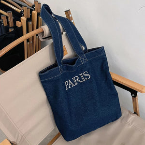 Denim Tote Bag Women Shoulder Bags Embroidered Letters Handbags