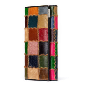 Color-block Long Wallet Cow Leather Purse Women Bag