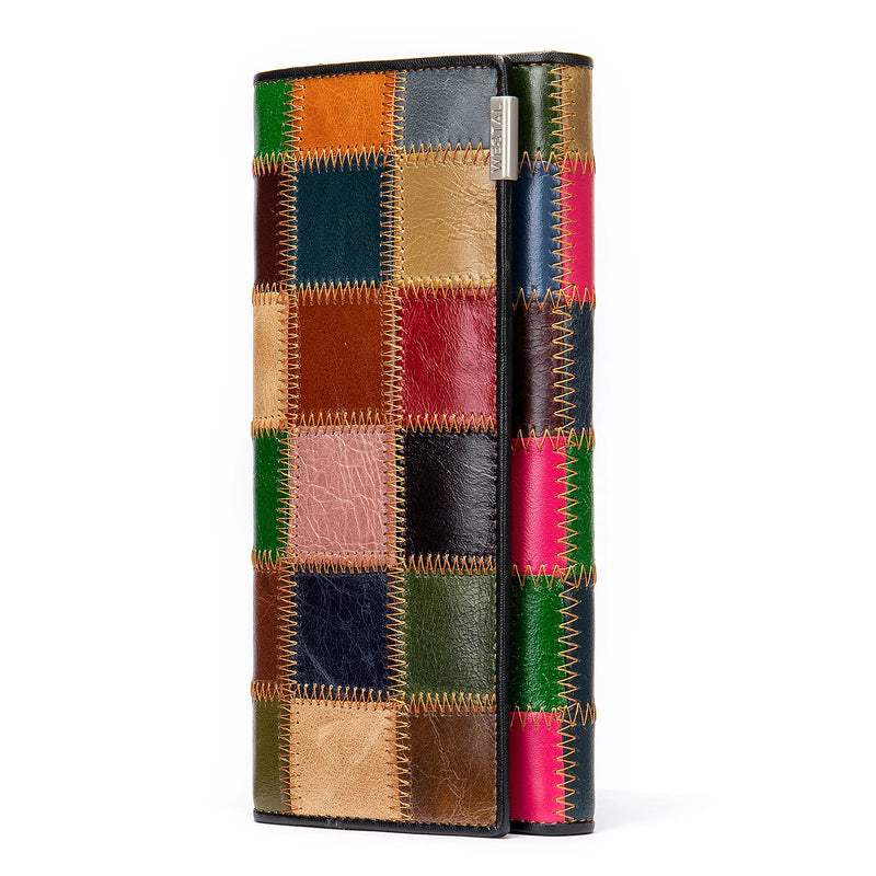 Color-block Long Wallet Cow Leather Purse Women Bag