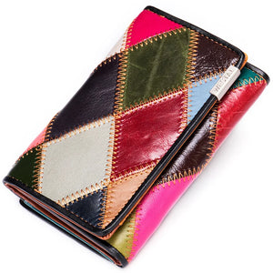 Color-block Long Wallet Cow Leather Purse Women Bag
