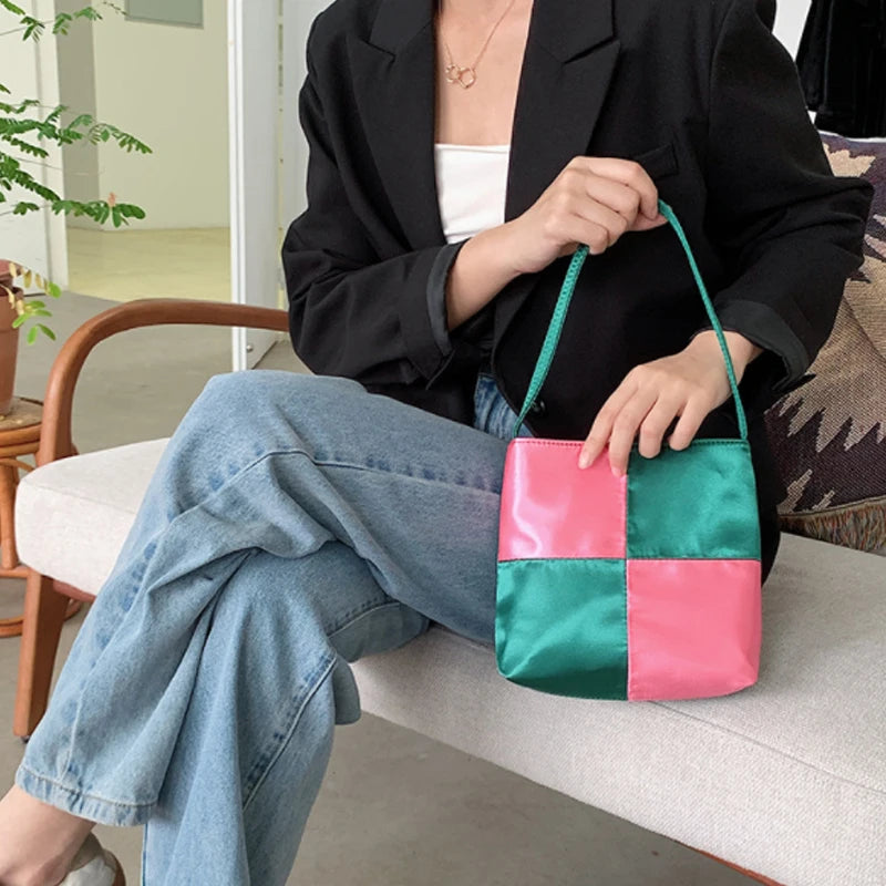 Vintage Silk Satin Chessboard Armpit Bag