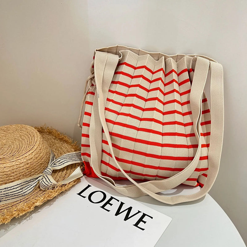 Vintage Striped Shoulder Bag Knitted Foldable Tote