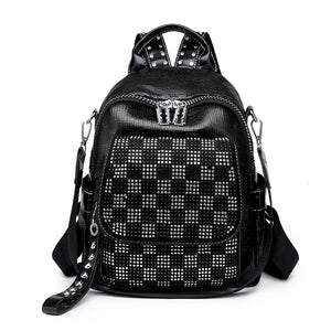 High Lattice Rivet Leather Backpack Large Capacity School Bags for Girls