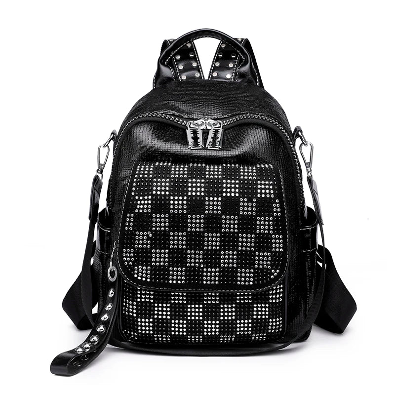 High Lattice Rivet Leather Backpack Large Capacity School Bags for Girls