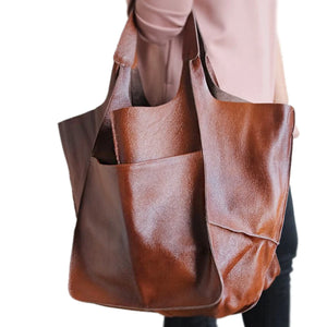 Aged Metal Look PU Leather Shoulder Bag Soft Tote Women Handbags