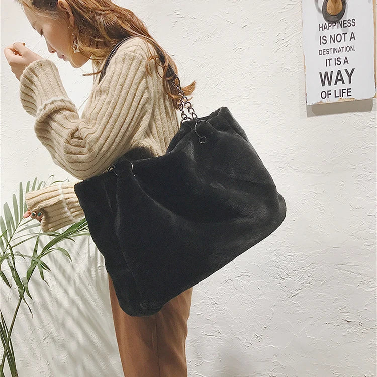 Faux Fur Tote Handbag Winter Shopper Ladies Shoulder Bag Plush Female Top Handle
