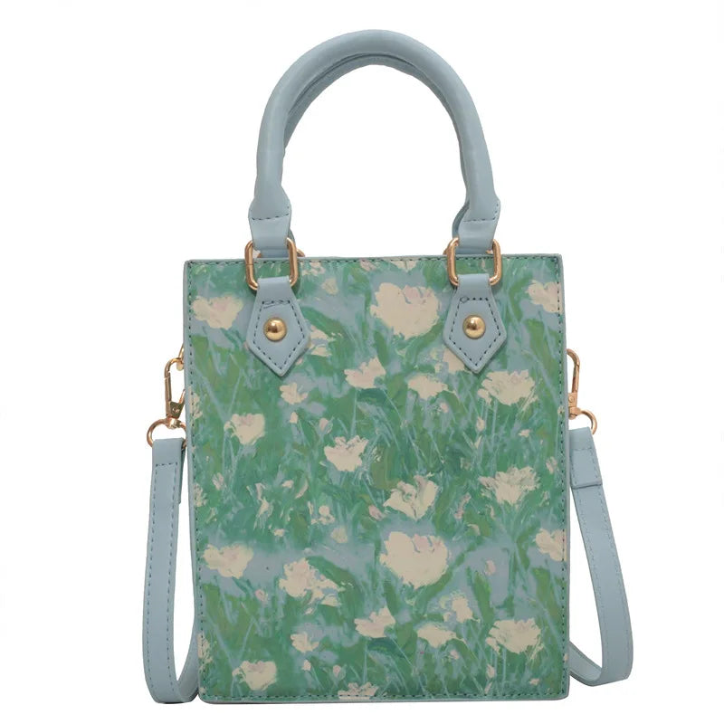 Flower Printing Handbag Women Pu Graffiti Messenger Bag