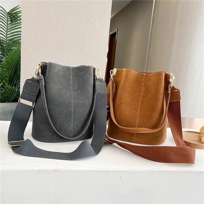 Vintage Frosted Bucket Bag High Capacity Shoulder Messenger Bag