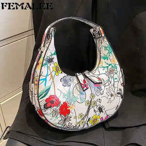Floral Print Half Moon Shoulder Bags Women Clutch Purses