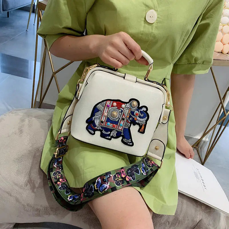 Elephant Embroidered Crossbody Bag for Women Leather Handbag Messenger Purse