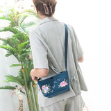 Peony Embroidered Mini Crossbody Bag for Women Nylon Messenger Handbag
