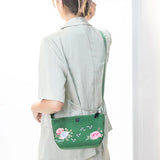 Peony Embroidered Mini Crossbody Bag for Women Nylon Messenger Handbag