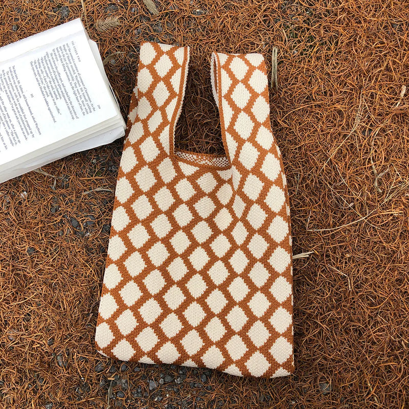 Plaid Knitting Women Shoulder Bag Hollow Out Shpping Bag Female Handbag