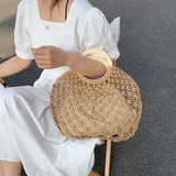 Straw Rattan Bag Women Summer Round Beach Handbag