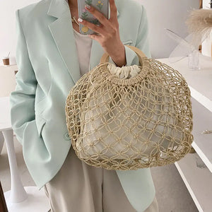 Straw Rattan Bag Women Summer Round Beach Handbag