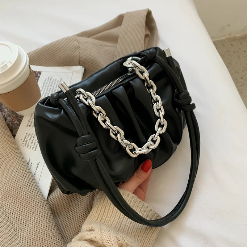 Women's High PU Leather Handbag with Acrylic Chain Zipper