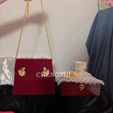 Vintage Small Square Bag Red Velvet Women Handbags Cupid's Arrow Chain