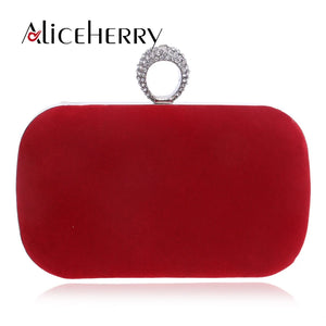 Red Diamond Crystal Velvet Clutch Evening Party Purse Chain Handbag