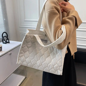 Diamond Lattice Corduroy Shoulder Bag for Women - Large Capacity Office Ladies