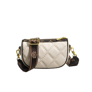 Beige Diamond Lattice Shoulder Bag with Wide Strap