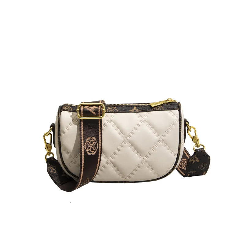 Beige Diamond Lattice Shoulder Bag with Wide Strap