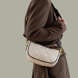 Beige Diamond Lattice Shoulder Bag with Wide Strap