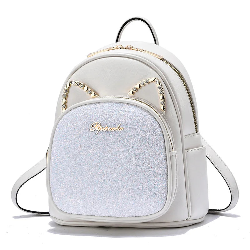 Diamond Sequin Cat Women Backpack Rhinestone Female Leather Backpack