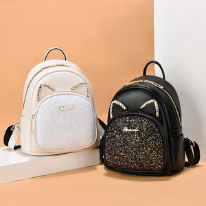Diamond Sequin Cat Women Backpack Rhinestone Female Leather Backpack