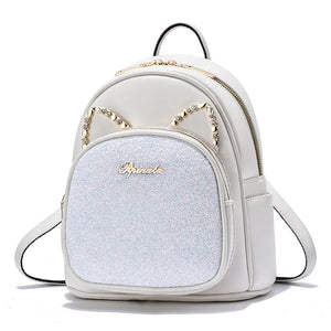 Diamond Sequin Women Backpack Rhinestone Lovely Cat Female Leather Backpack