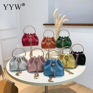 Diamonds Tassel Evening Clutch Bag Women Chain Metal Ring Handle