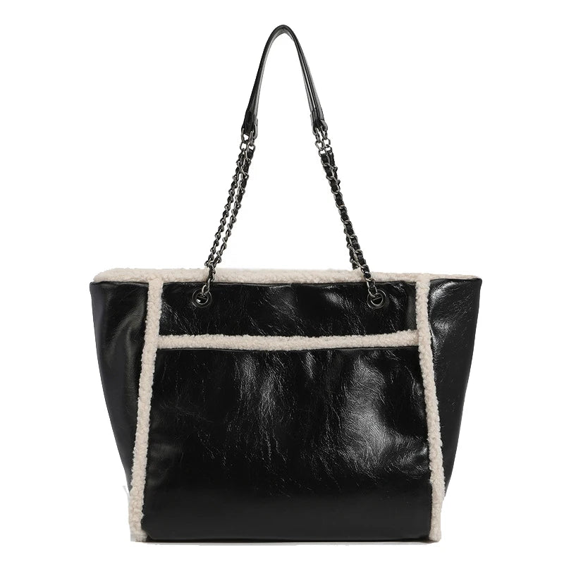 Winter Large Capacity Tote Bag Chain PU Leather Women Bags