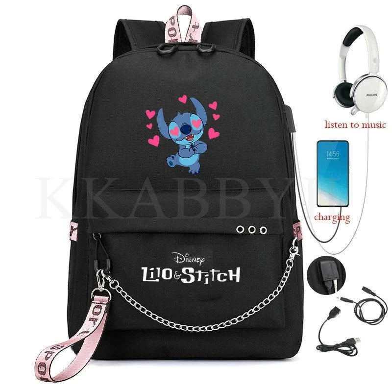 Stitch Mochila Feminina Backpack USB Charging School Bags Teenage Girls Boys